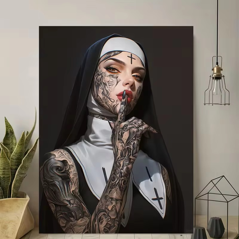Fashion Girl Tattoo Nun Canvas - Vintage Fashion Wall Art ulasan dan harga