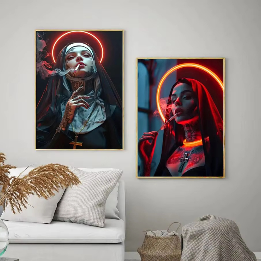 Fashion Girl Tattoo Nun Canvas - Vintage Fashion Wall Art ulasan dan harga